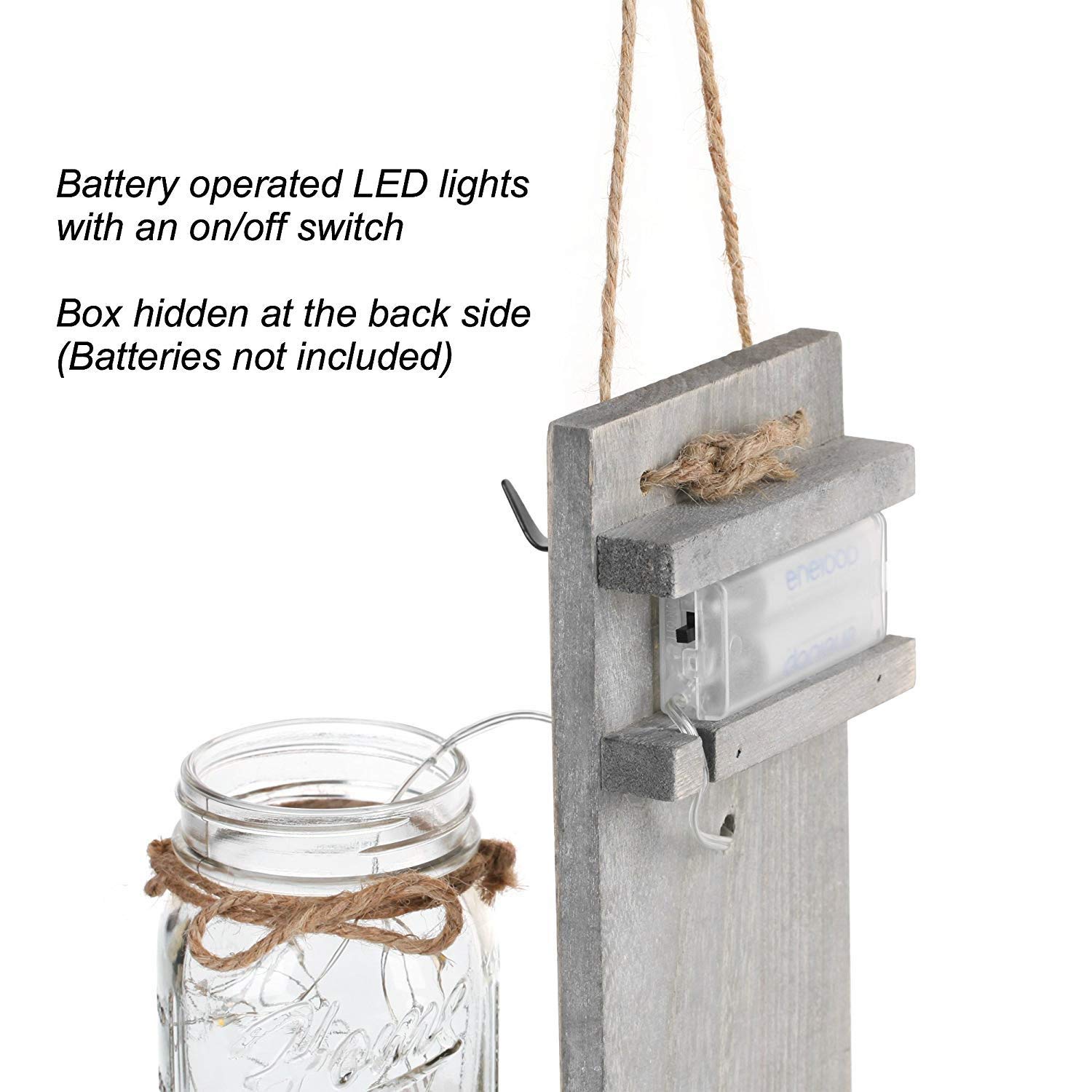 ★ Highlighted by a strong visual presentation of beauty and harmony, the Gbtree Mason Jar Sconces are designed to add a fashion statement to any home wall ★ The hanging mason jar sconces are beautifully designed to match any home style. The mason jars are clear 16oz which hang up on wrought iron hooks on the natural reclaimed wood, and each wood has a sturdy rope to secure the jar in place. They are fully assembled and ready to hang on the wall once you receive them. We complement these mason jar wall sconces with two white Hydrangea flowers and LED string fairy lights that give a peaceful illumination for your room. You can customize the jars with real flowers like lotus, roses, or jasmine, candles and much more.