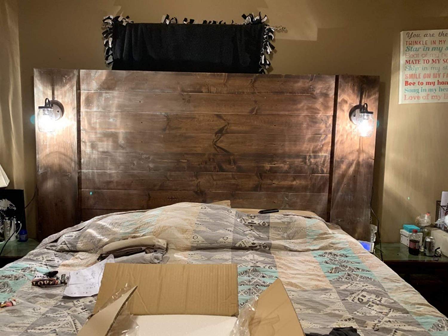 farmhouse decoarting guide tip:
farmhouse DIY Wood Bed Head-Board with farmhouse sconces as night lights