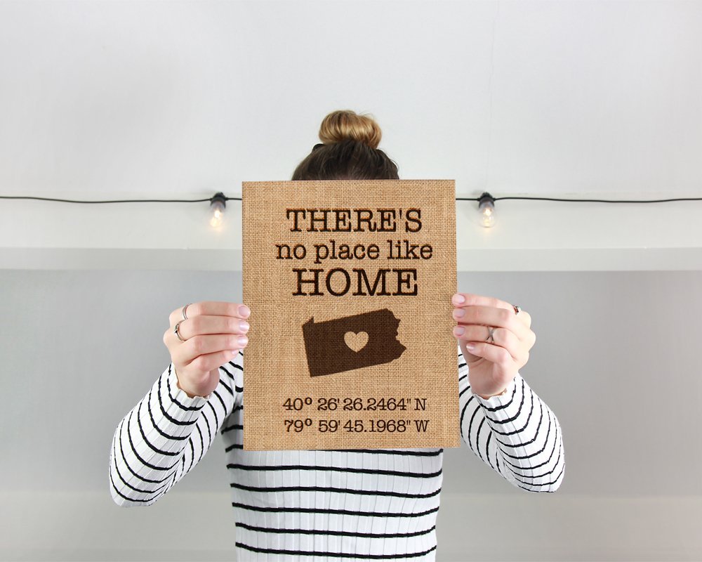 Theres no place like home | Latitude Longitude GPS Coordinates | 100 percent Burlap or Canvas Anniversary Gift | Where We Met | Wedding Location here it all began with the Latitude Longitude GPS Coordinates of your State. Makes a great anniversary, House Warming, Closing Gift or Wedding gift for the perfect couple. 100% natural burlap or Ivory Burlap. A perfect sentimental gift for your sweetheart! ♥♥ORDERING♥♥ ✽ Choose The STATE you would like converted for the GPS Coordinates ✽ Choose the material for your print, Natural Burlap or Ivory Burlap ♥♥DESCRIPTION♥♥ - Printed on 8 inch x10 inch Burlap with laminated backing, This Fine art Burlap Print will be a conversation piece in your home or office. Our affordable prints are perfect for: ♥ Wedding gift ♥ Mothers Day Gift ♥ Birthday gift ♥ Housewarming gift ♥ engagement gift ♥ Parent & Grandparent gift Frame is NOT Included. Print will fit into a Frame that will fit a 8inch x 10 Inch Photo.