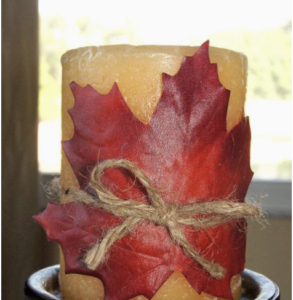 Maple Leaf Twine Wrapped Candle (source unknown)
Pillar Candle (Amazon for $4) + Twine (Dollar Tree) + Maple Leaf