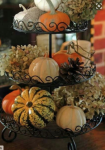 Pumpkin Basket (source unknown)
Black Fruit Basket (Thrift Store – Goodwill – $3) + Polyfoam Pumpkin and Gourds (Dollar Tree or Walmart)