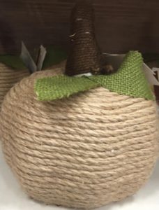 Twine Pumpkin
Green Burlap Ribbon (Dollar Tree) + Small Styrofoam Cone (Craft Store – $2) +
Styrofoam Pumpkin (Dollar Tree) + Sisal Rope + Brown Twine (for stem)
