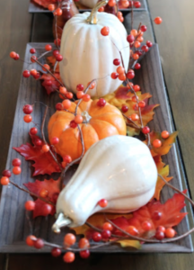 Pumpkin and Fall Berry Tray Centerpiece
Foam Pumpkins and Gourds (Dollar Tree) + Fall Berries (Dollar Tree)
+ Maple Leaf Pack (Dollar Tree) + Candle Tray