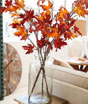 Fall Leaf Vase (source unknown)
Sticks (Free) + Maple Leaves (Dollar Tree)+ Glass Vase (Dollar Tree)