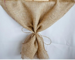 Burlap Table Cloth (source unknown)
White Table Cloth ($9 to $15, depending on size) + Burlap Cloth ($1.99/yd at Jo Ann) + Twine (Dollar Tree)