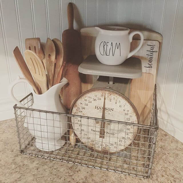 Natural Wood and Ivory Collection in Antique Barn Basket with scale and measuring cup