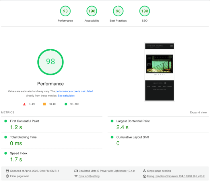 website performance score for Astro rebuild site