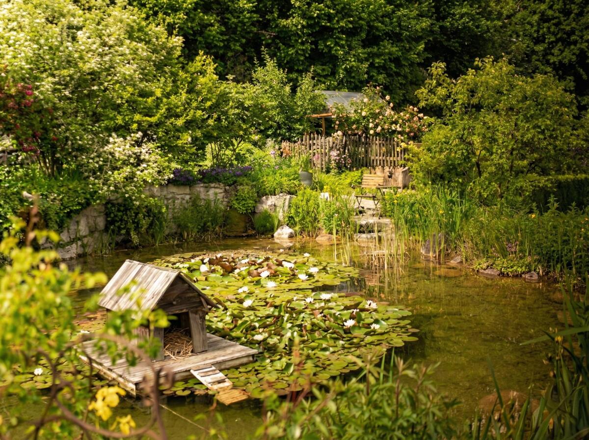 Gartenteich mit Entenhaus