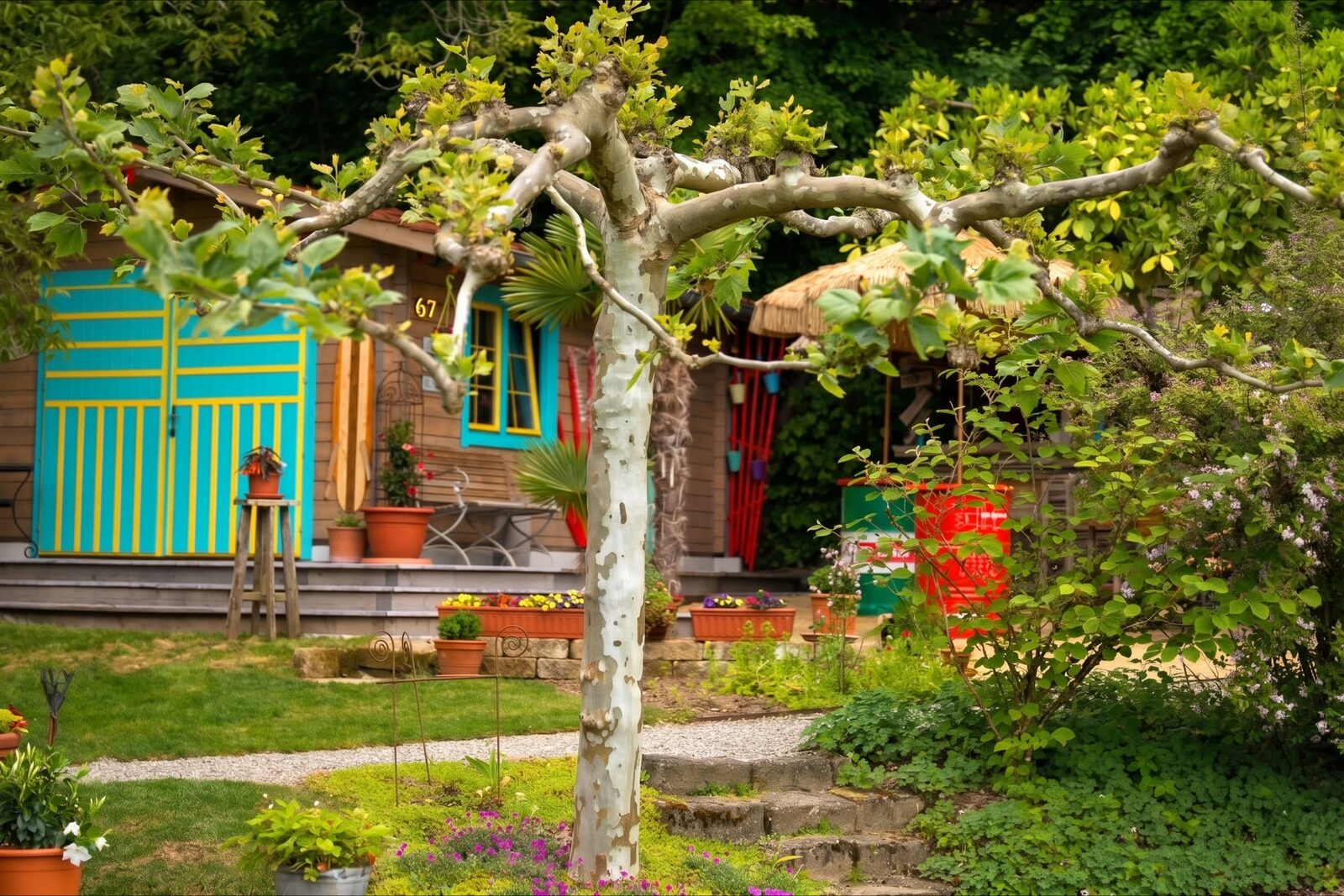 Platane, Gartenhaus und Strandbar in der Gartenoase