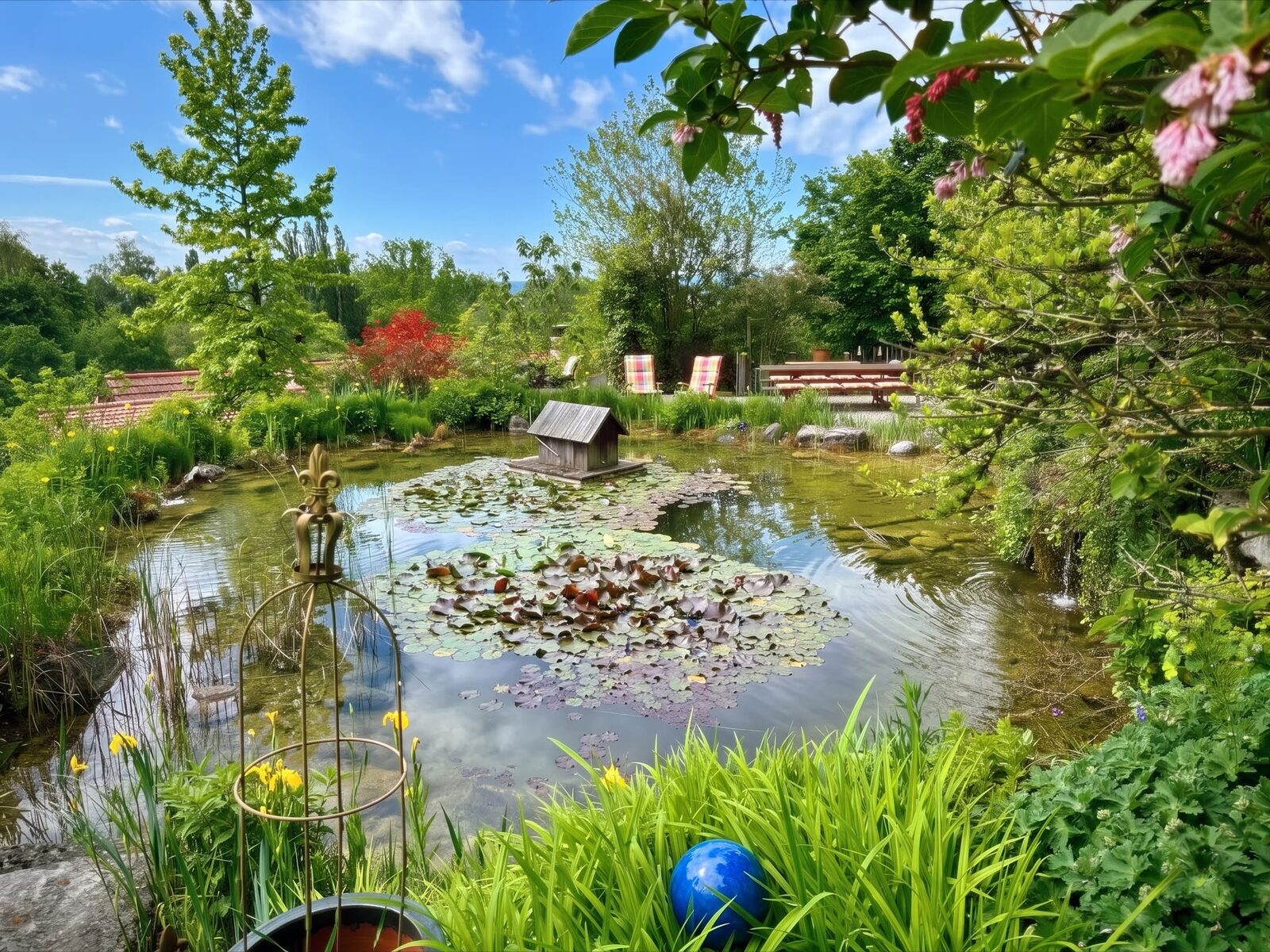 Gartenteich mit Seerosen im Frühling