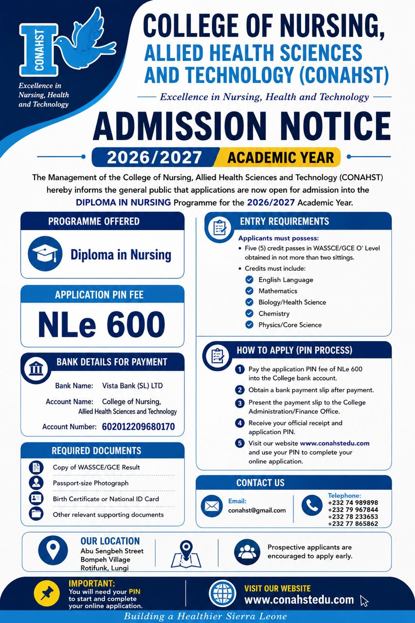 OFFICIAL ADMISSION NOTICE FOR THE 2026/2027 ACADEMIC YEAR