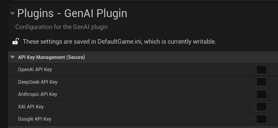 Settings panel for API keys