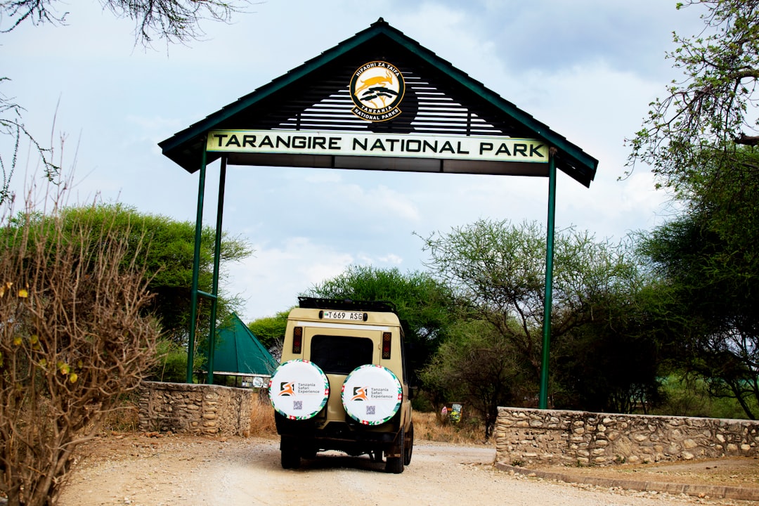 Safari vehicle entering tarangire national park entrance.