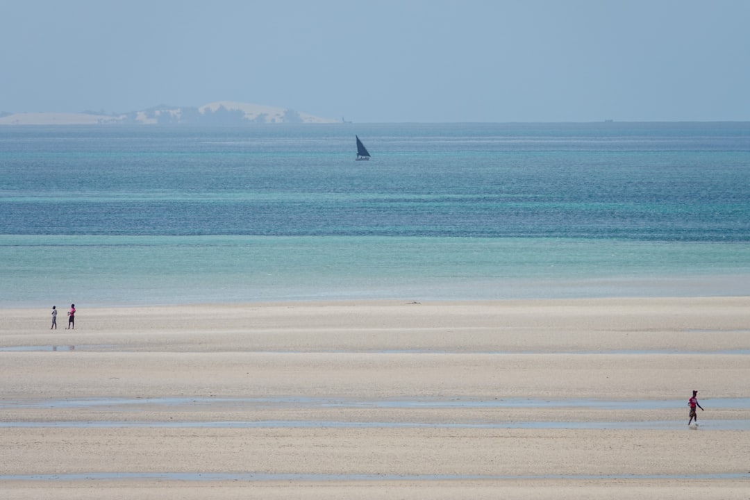 People walk on a sandy beach with a distant sailboat.