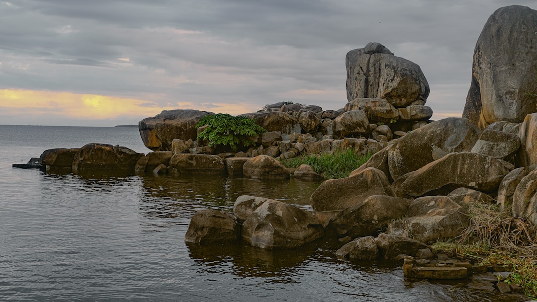 A body of water surrounded by rocks and grass