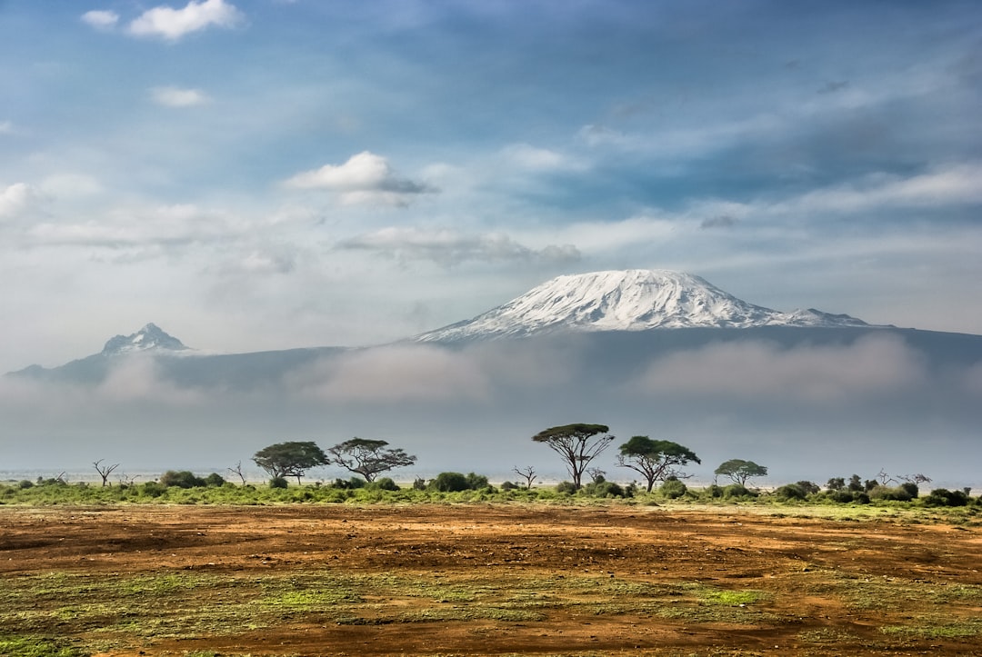 Mount Kilimanjaro with a snow-capped peak above clouds in Amboseli National Park