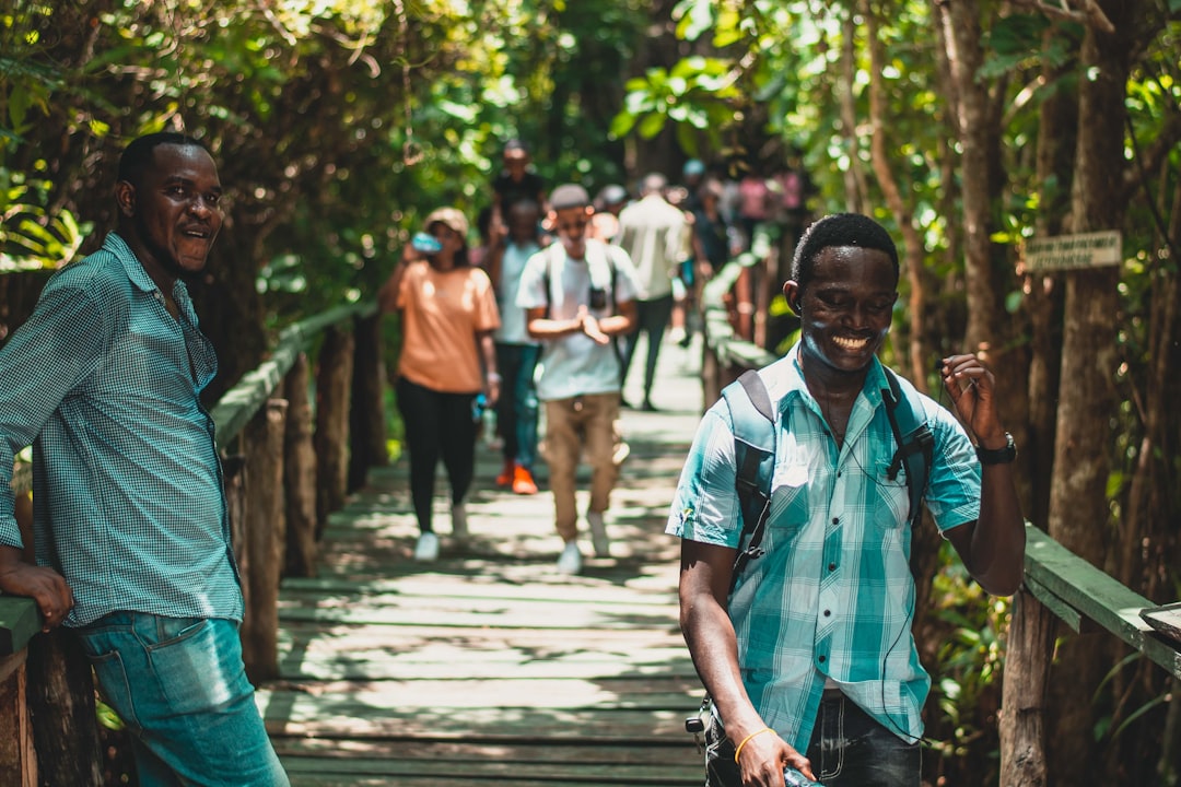 People are walking on a wooden bridge in nature