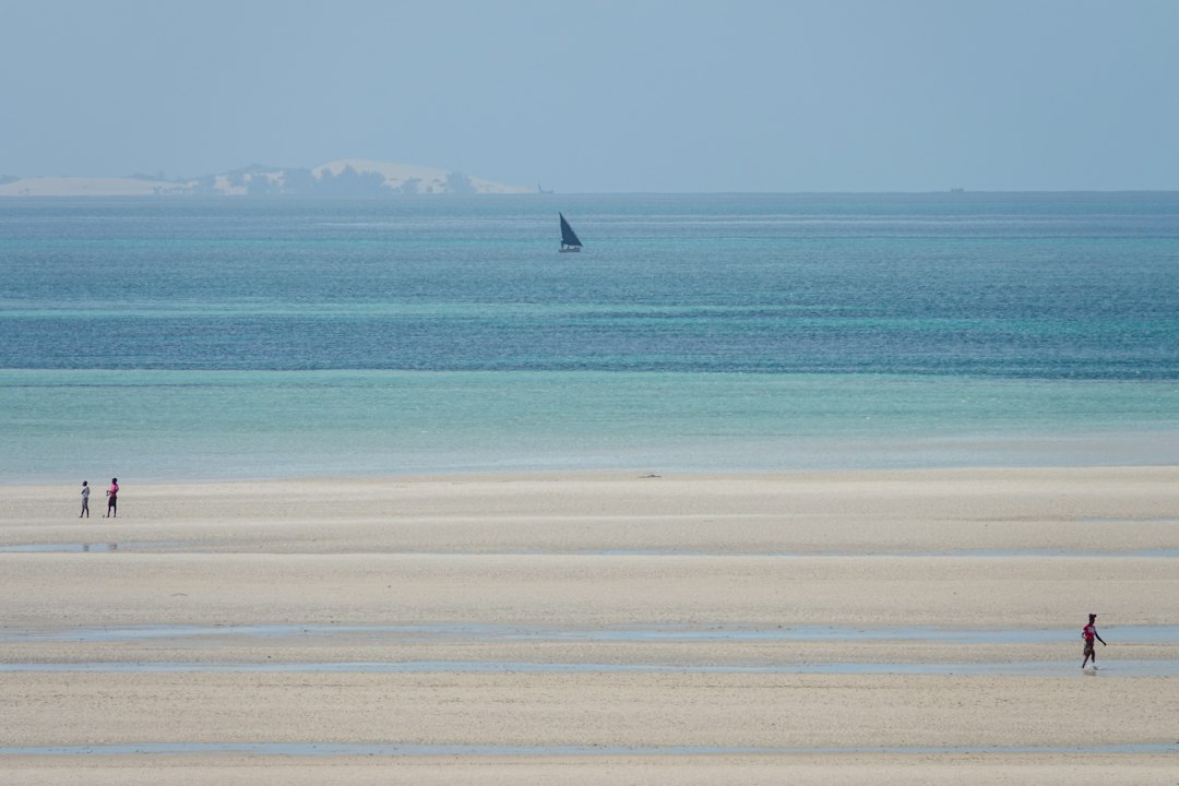 People walk on a sandy beach with a distant sailboat