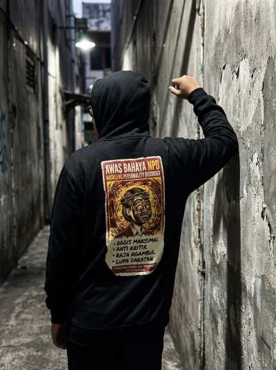 Hoodie NPD hitam Bhuta Kala Modern — premium fleece 240gsm dari Bali