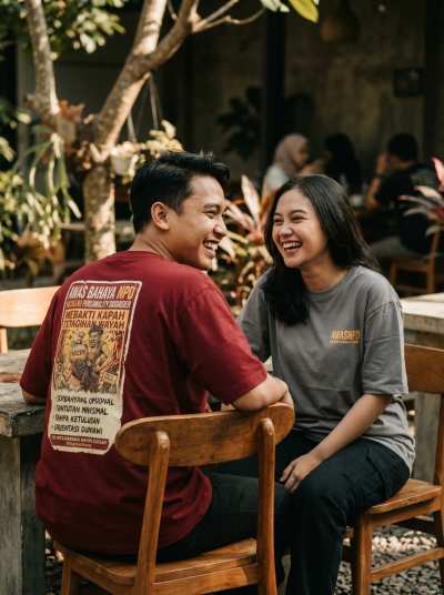 Pasangan muda pakai kaos AWAS BAHAYA NPD — street style Bali