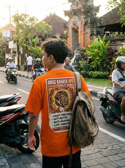 Pemuda pakai kaos NPD — street fashion awareness dari Bali