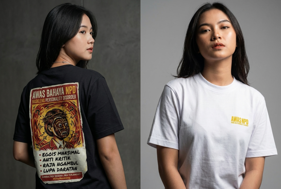 Kaos AWAS BAHAYA NPD — Desain Bhuta Kala Modern, kaos awareness NPD dari Bali