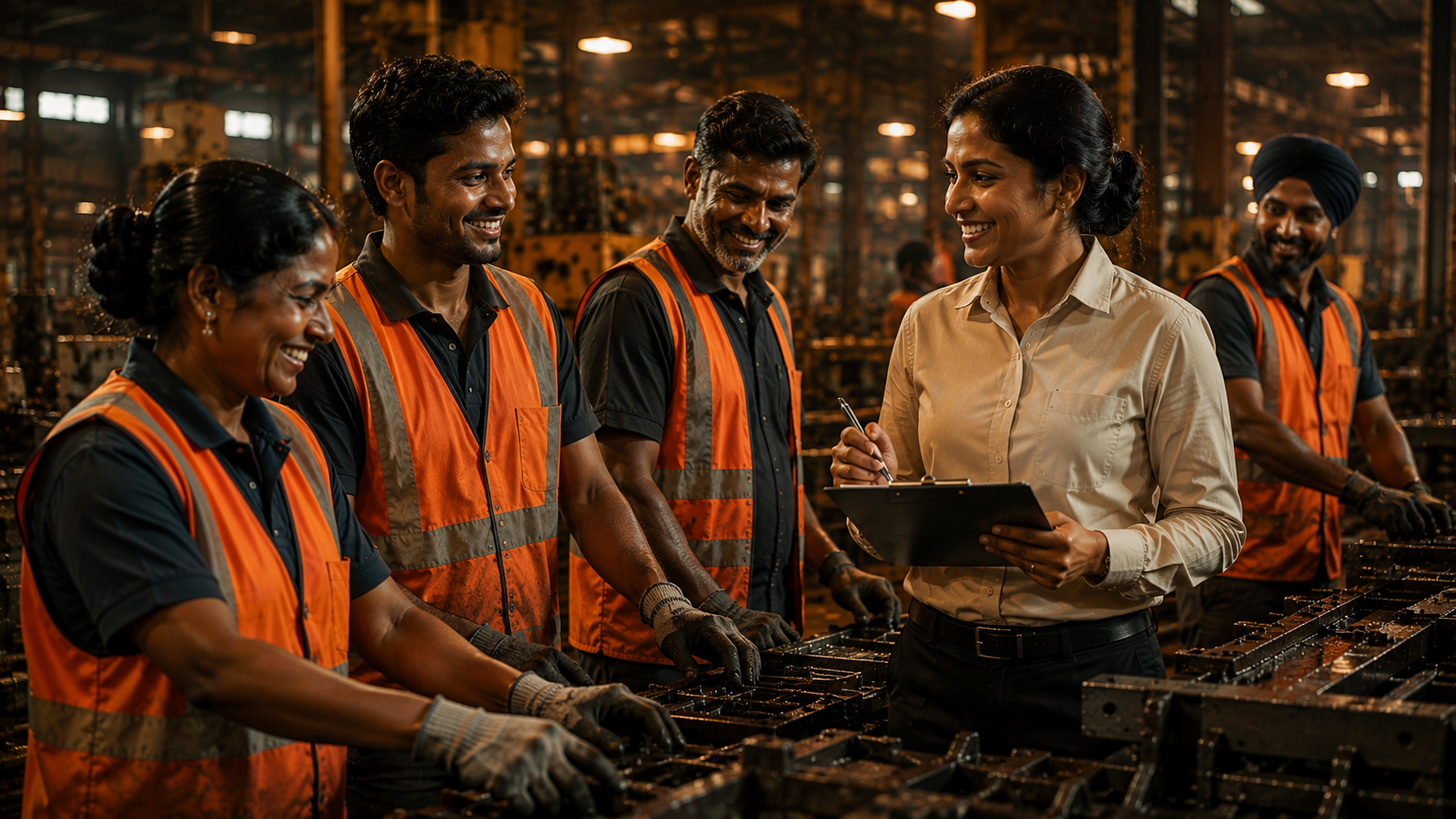 Indian factory workers on a production line with a supervisor reviewing compliance documents — PF and ESIC obligations apply to all contract workers
