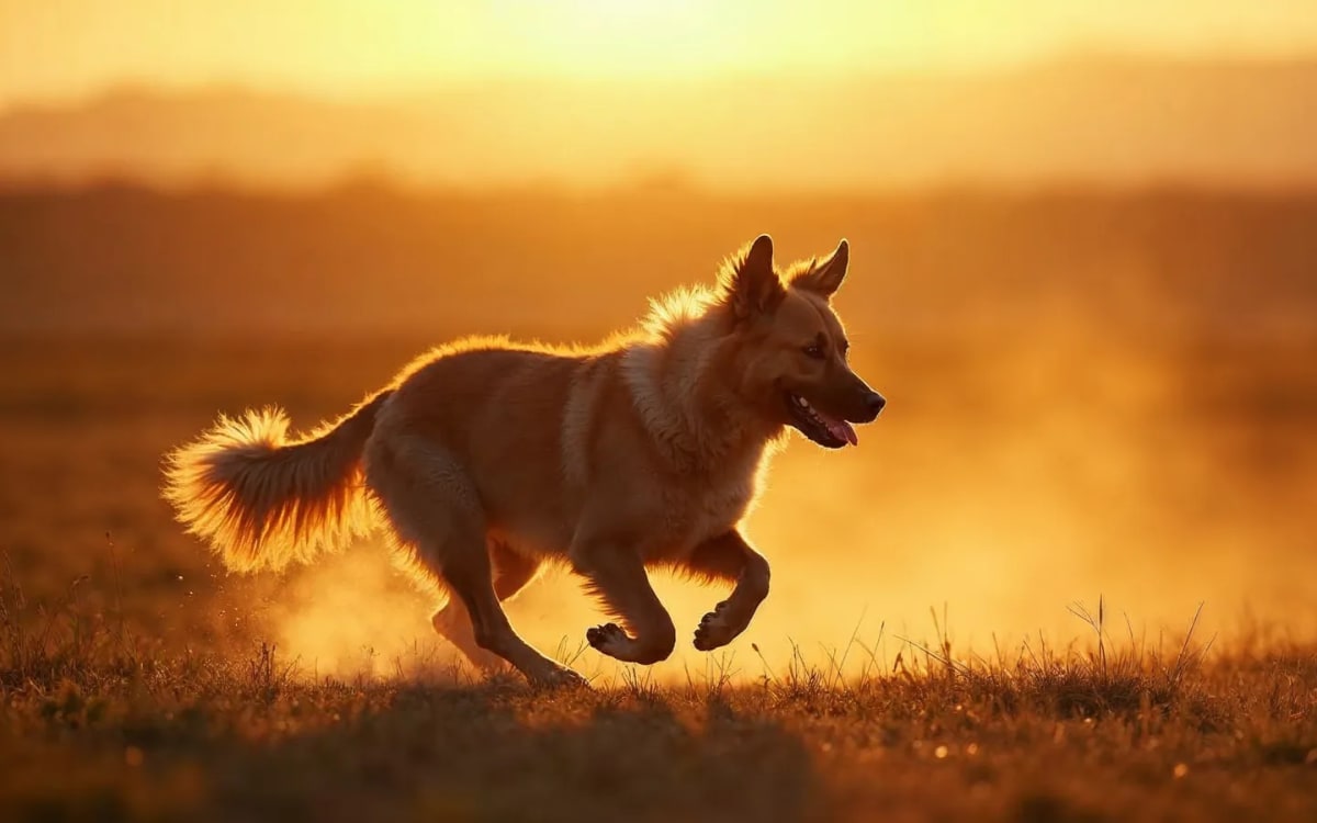 Perro de pastoreo corriendo en un campo abierto al atardecer, con ovejas al fondo desenfocadas.