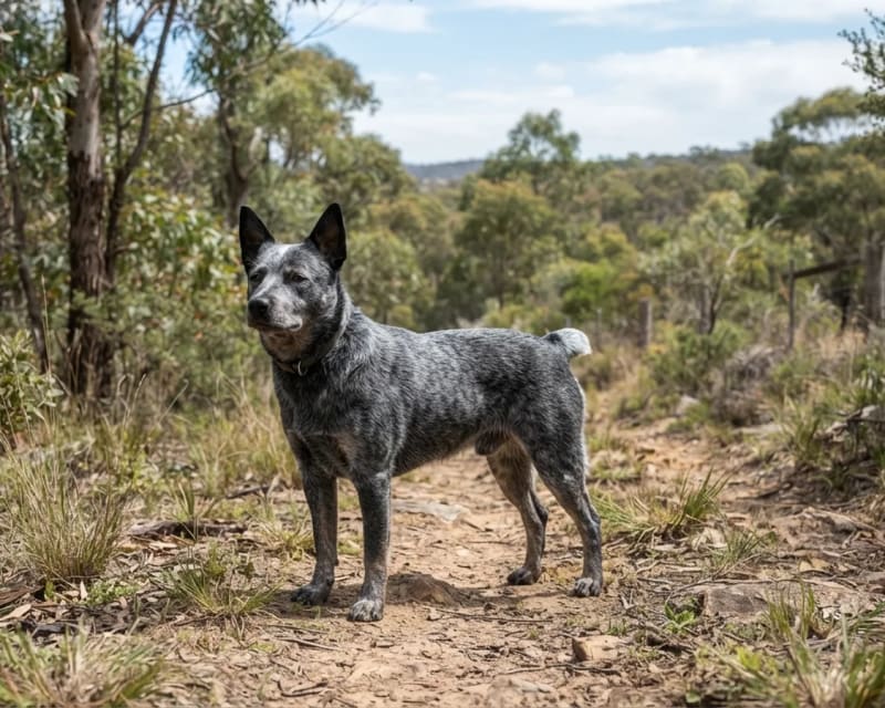 Pastor australiano Stumpy Tail de cuerpo entero, de pie en un sendero de tierra entre eucaliptos