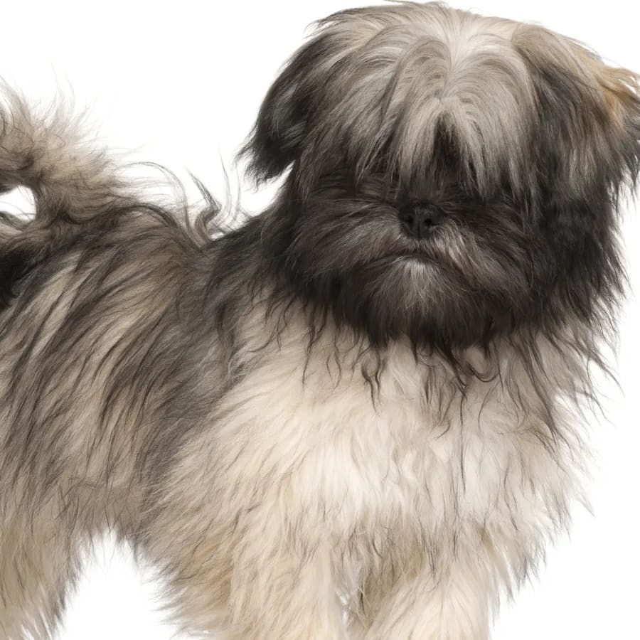 Lhasa apso de pelo largo gris de pie sobre fondo blanco