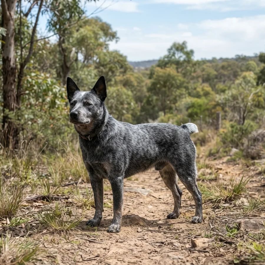 Pastor australiano Stumpy Tail de cuerpo entero, de pie en un sendero de tierra entre eucaliptos