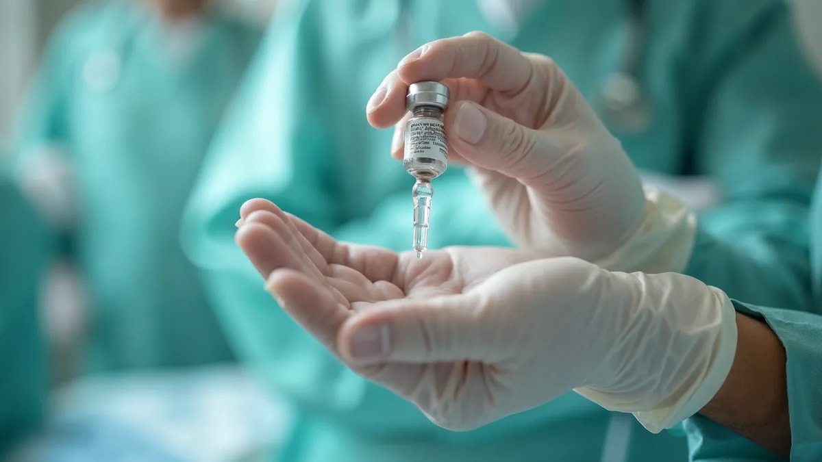 Vial y jeringa de vacuna sobre una mesada clínica