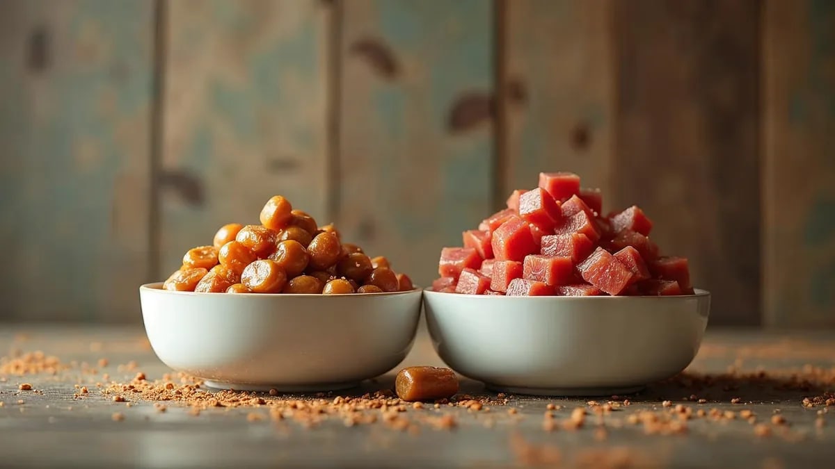 Dos bolsas de alimento balanceado para perro puestas una al lado de la otra para comparar