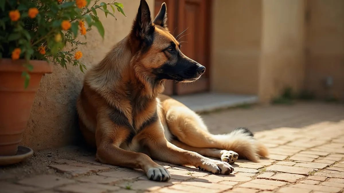 Imagen: Magnific AI (Mystic) · escena ilustrativa Perro braquicéfalo jadeante recostado a la sombra en un día de mucho calor