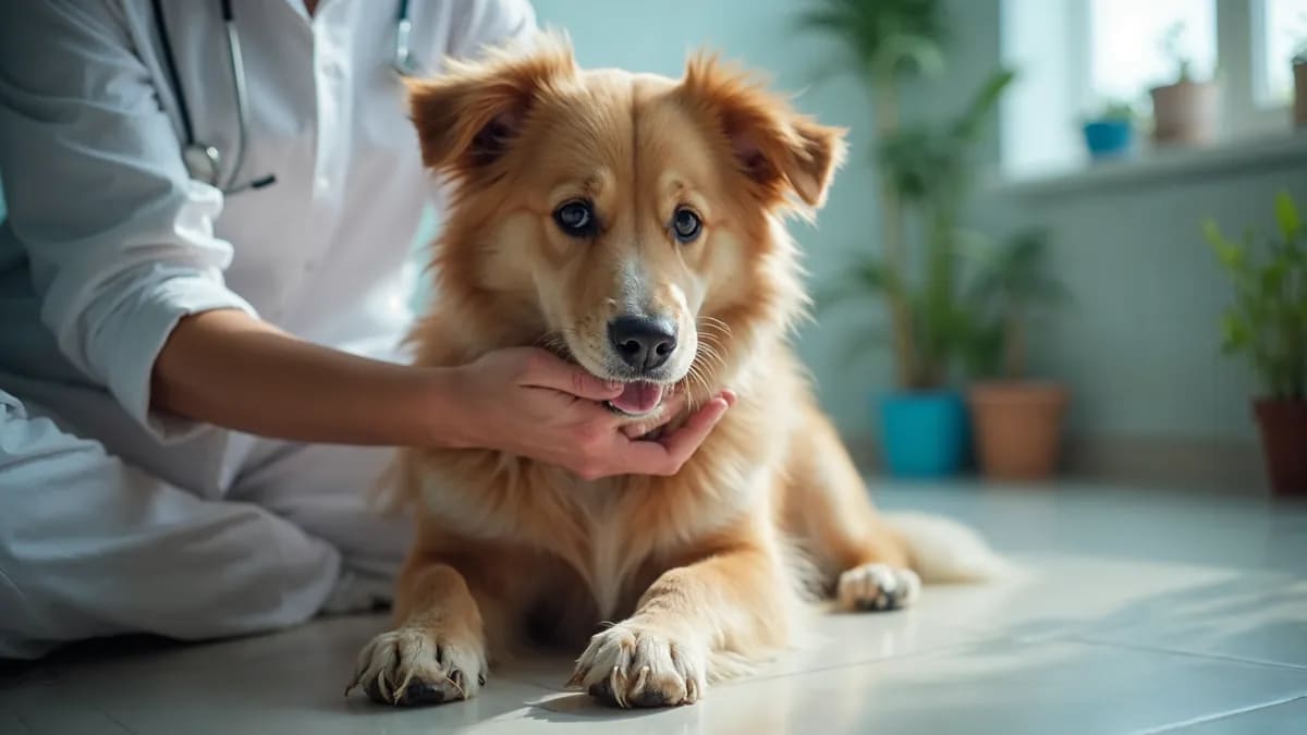 Imagen: Magnific AI (Mystic) · escena ilustrativa Perro recibiendo enfriamiento con toallas mojadas antes de ir a la consulta veterinaria