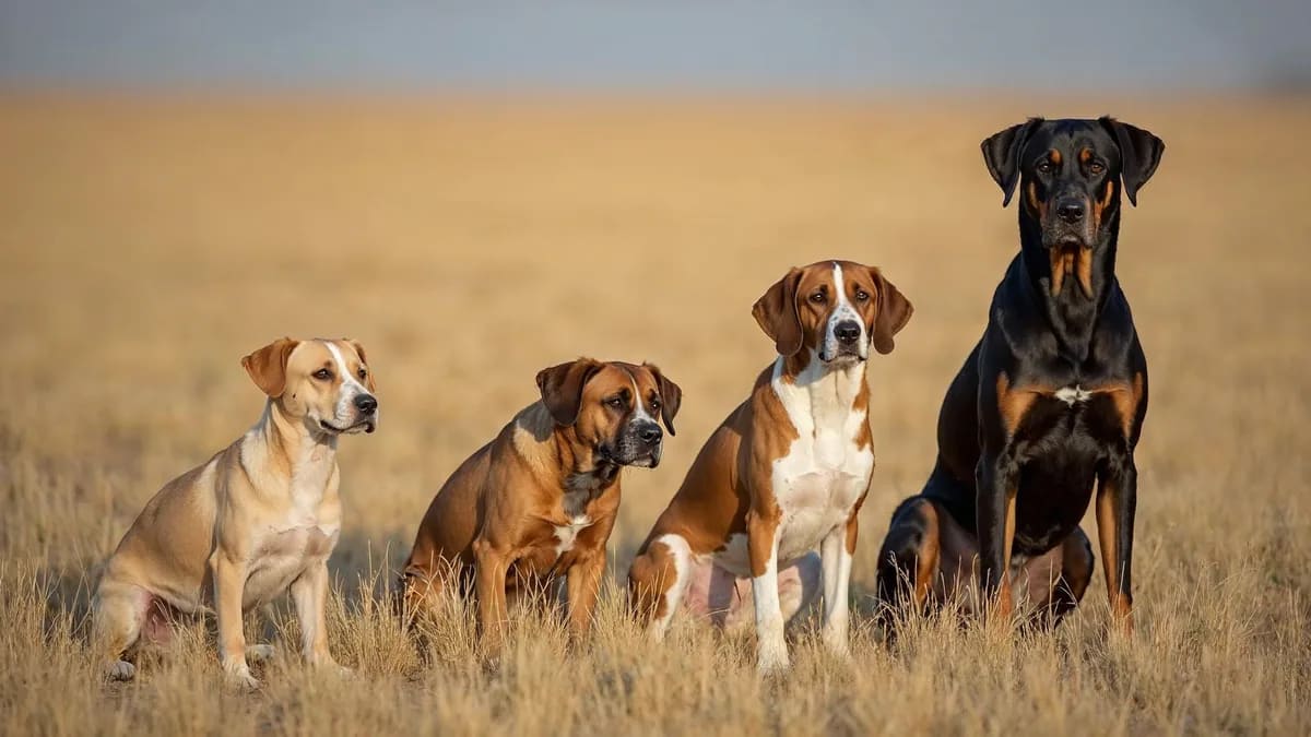 Tres perros de tamaños distintos, uno pequeño, uno mediano y uno grande, sentados en fila sobre el césped