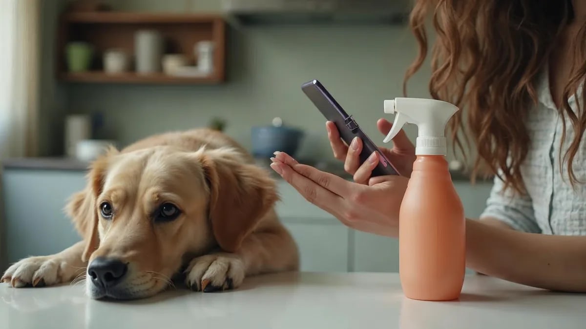 Manos que sostienen un celular y un envase de producto de limpieza sobre la mesa de la cocina, con un perro echado al fondo