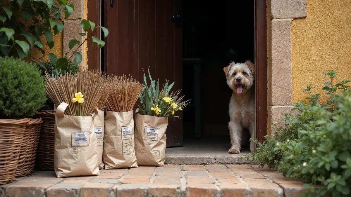 Perro mirando desde la puerta de un garaje hacia un estante bajo con frascos y bolsas de productos de jardinería