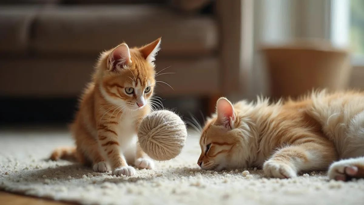 Gatito atigrado jugando con una pelota de lana junto a un gato senior de hocico canoso que descansa sobre una alfombra