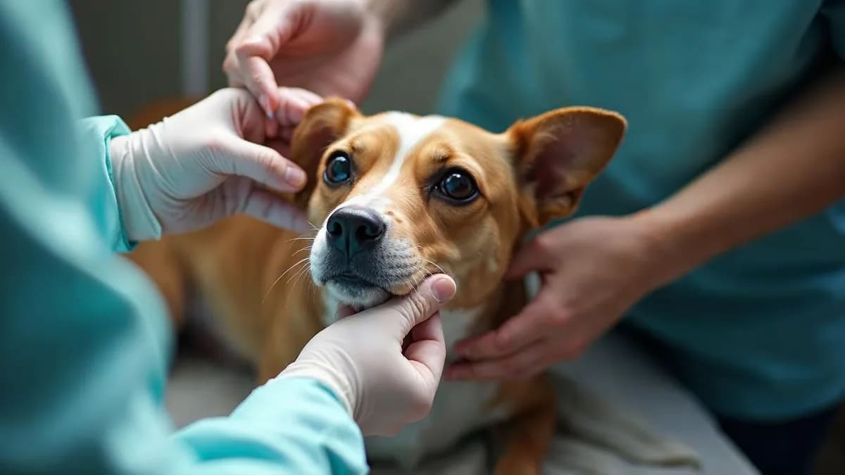 Manos de un veterinario separando el pelo del lomo de un perro para revisar la piel enrojecida en una consulta luminosa