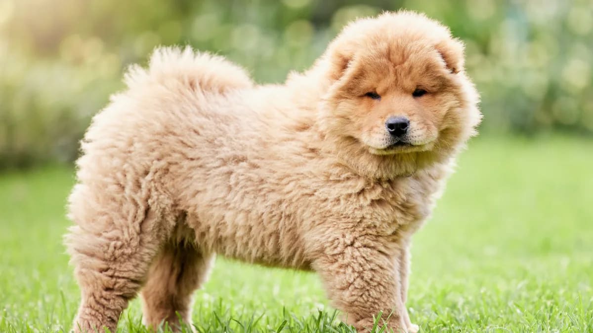 Cachorro de Chow Chow de pelaje esponjoso color crema, de pie sobre el césped