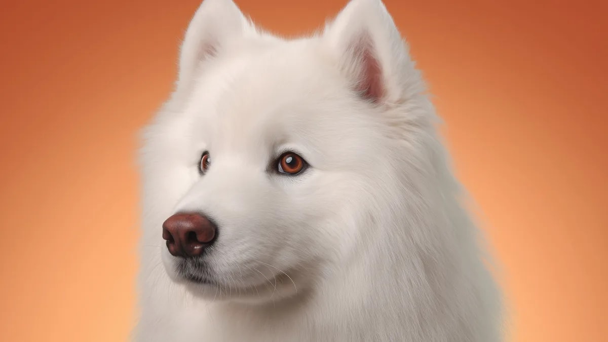 Foto de user21473825 · Magnific/Freepik (licencia premium) Primer plano de la cara de un samoyedo blanco con ojos marrones sobre fondo cálido