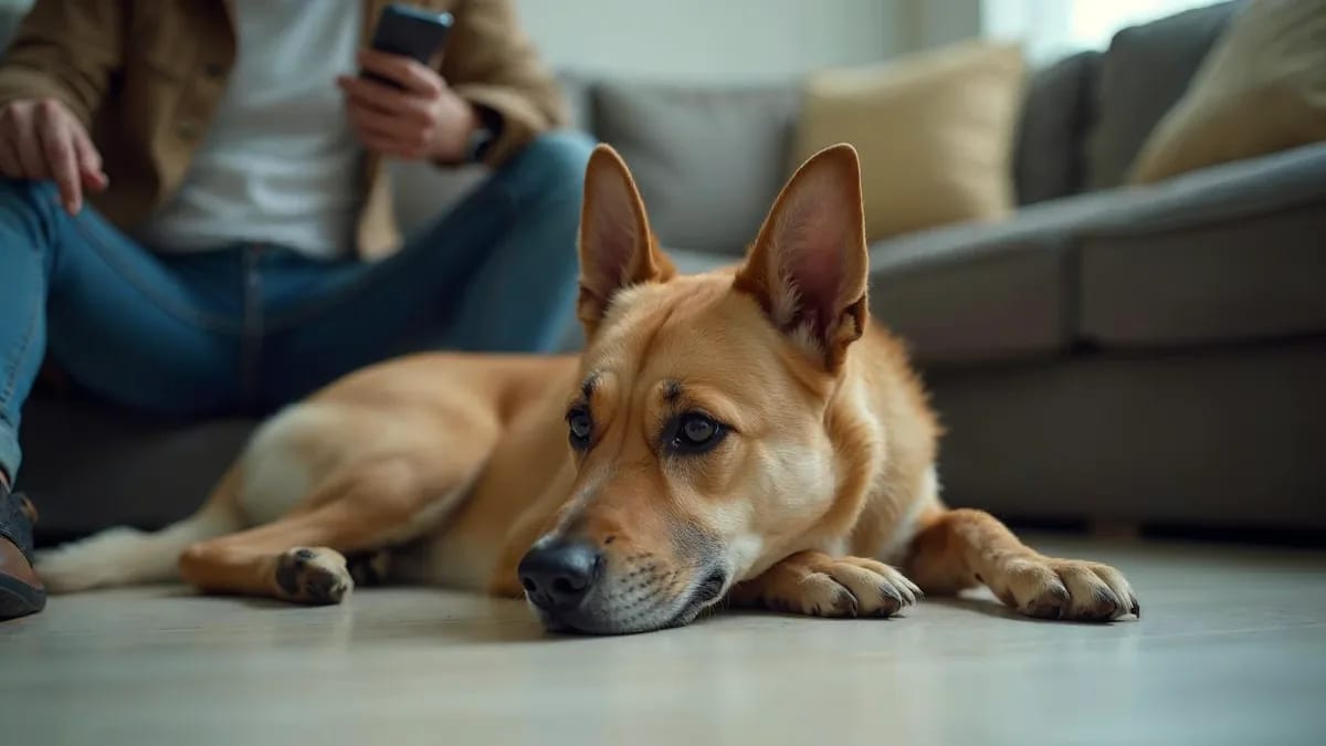 Perro adulto decaído y con legañas, echado en el piso de una sala, con su dueño preocupado sentado al lado con el teléfono en la mano