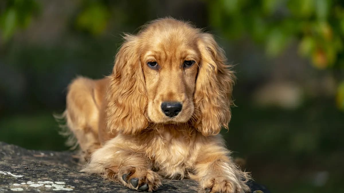 Cachorro de cocker spaniel inglés dorado echado sobre una roca, mirando a cámara