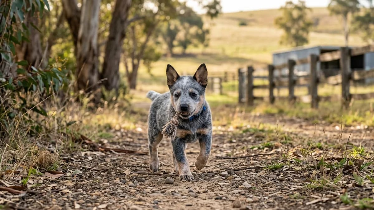 Banco de imágenes Cachorro de Pastor australiano Stumpy Tail caminando por un camino rural con una cerca de madera al fondo