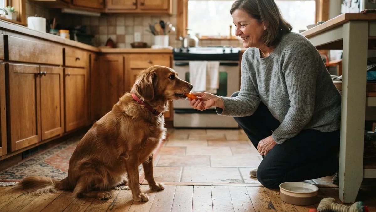 Banco de imágenes Mujer agachada en la cocina le ofrece un trozo de zanahoria a un perro dorado sentado