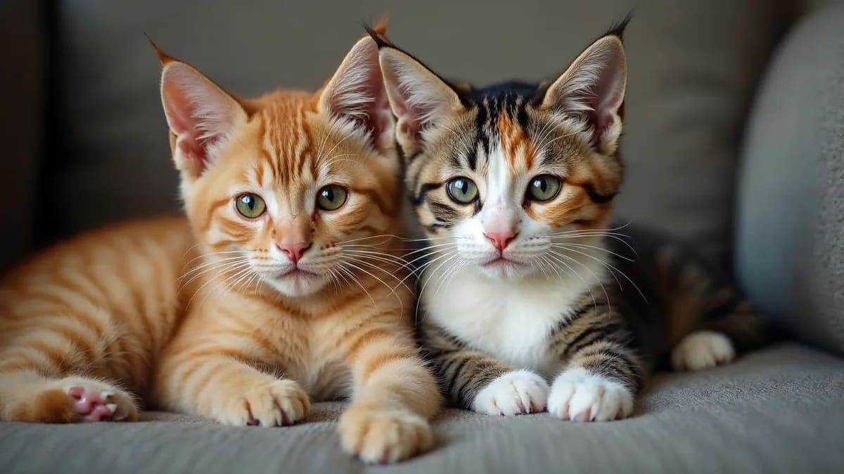 Un gato naranja atigrado y un gato carey de tres colores sentados juntos en un sofá, mirando a cámara