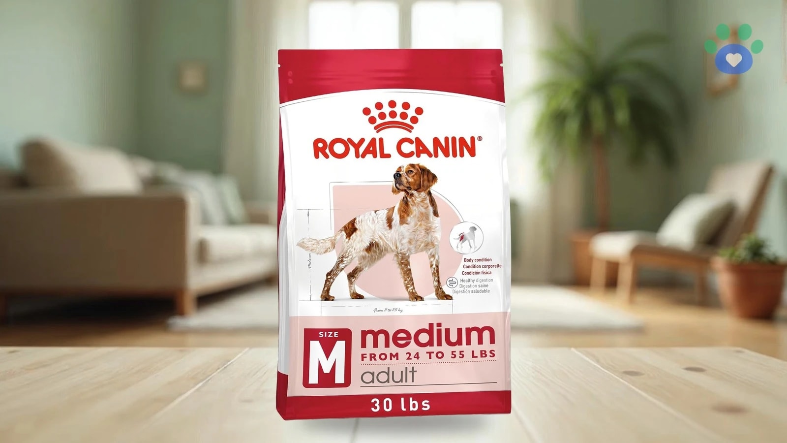 Bolsa de Royal Canin Medium Adult sobre el piso de un living luminoso