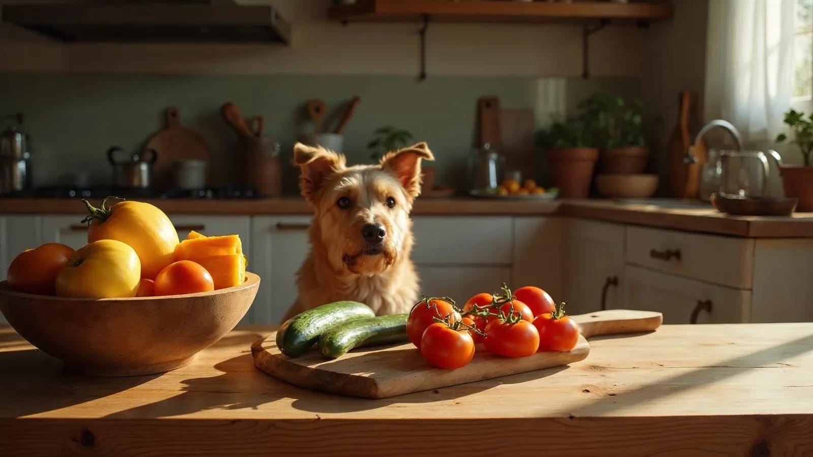 Zanahorias, trozos de calabaza, arvejas y un tomate maduro sobre una tabla de madera en una cocina luminosa, con un perro mestizo de pelo corto mirando al fondo