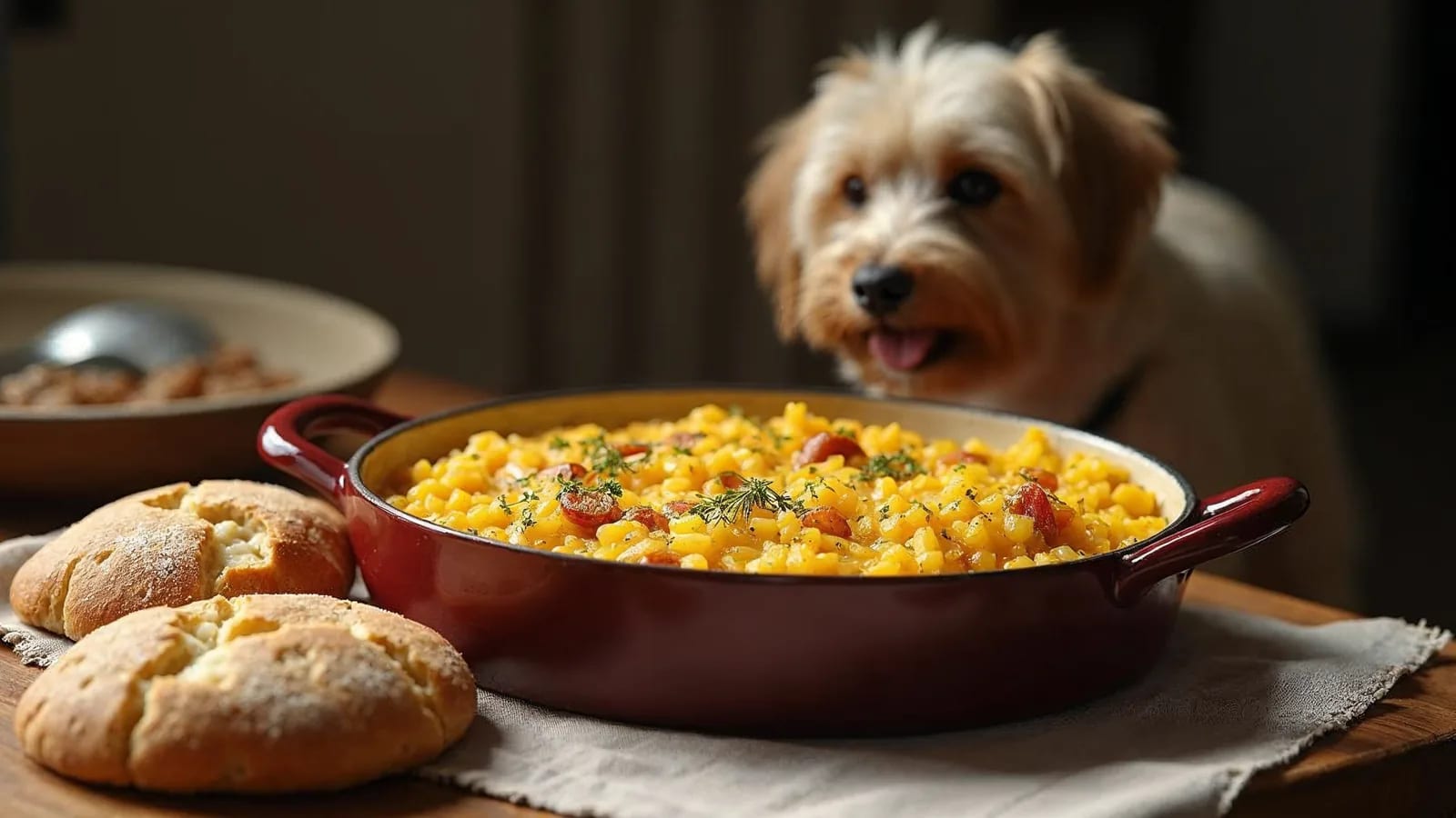 Un cuenco de arroz cocido, otro de avena y una rebanada de pan sobre una mesa de cocina, con un perro mestizo que mira con curiosidad desde el borde, con luz natural